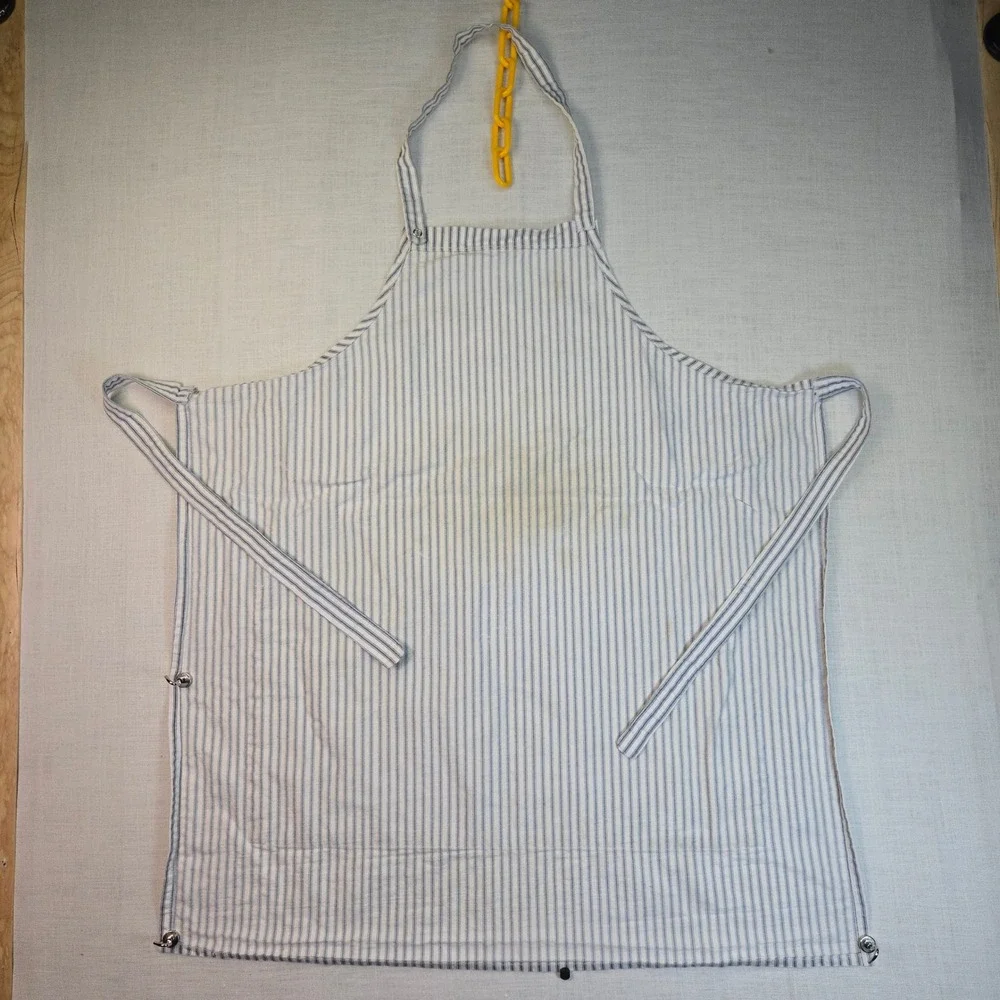 VTG Handmade Hickory Stripe Apron Applique Blue White‎ Utensils Cooking Pockets